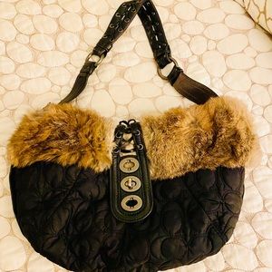 Coach Black Quilted Signature Rabbit Fur Hobo Bag